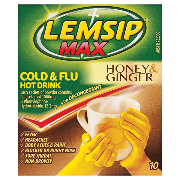 Lemsip Max Sachet Cold & Flu Hot Drink Honey & Ginger pk10