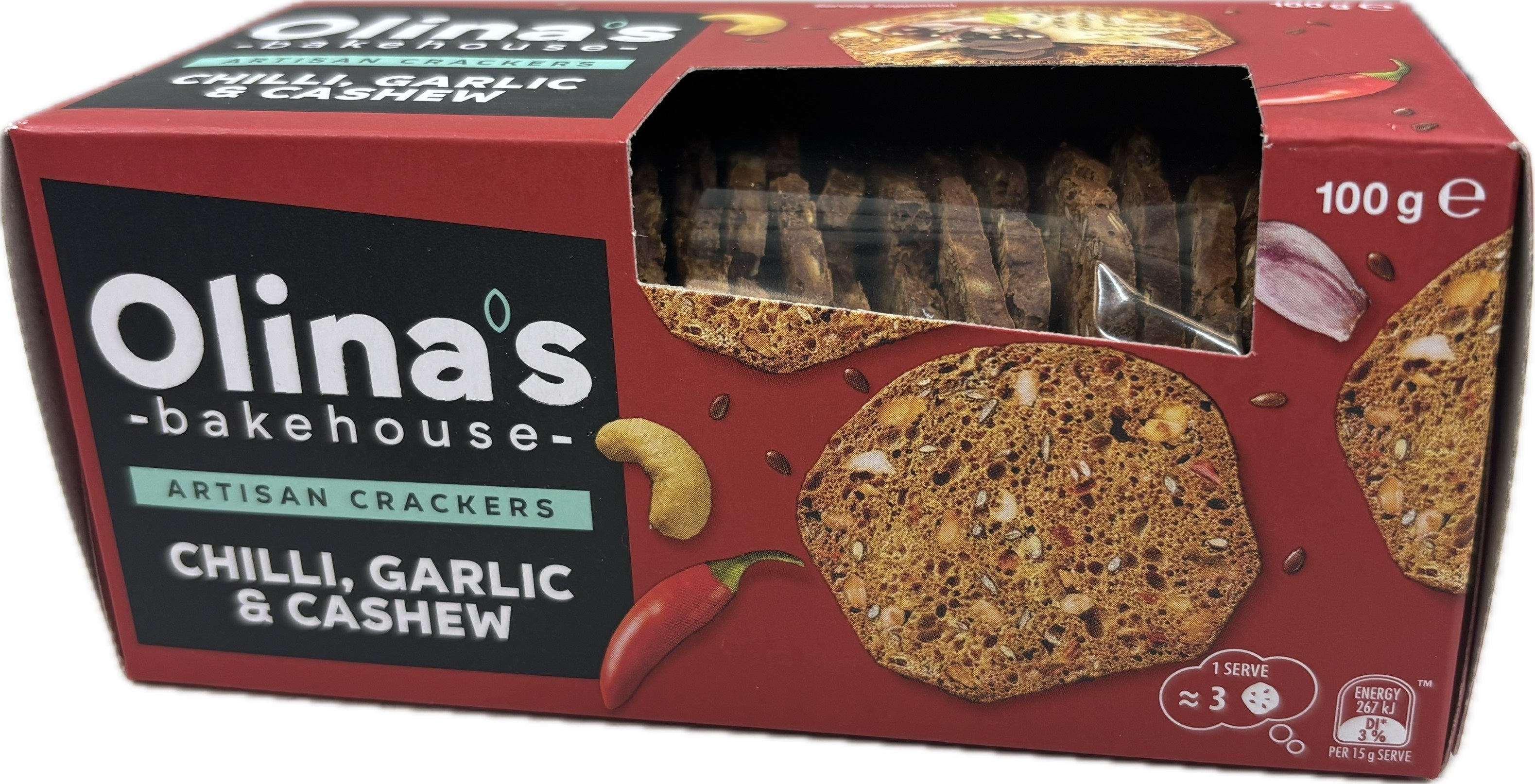 Olina's Artisan Crackers Chilli Garlic & Cashew 100g